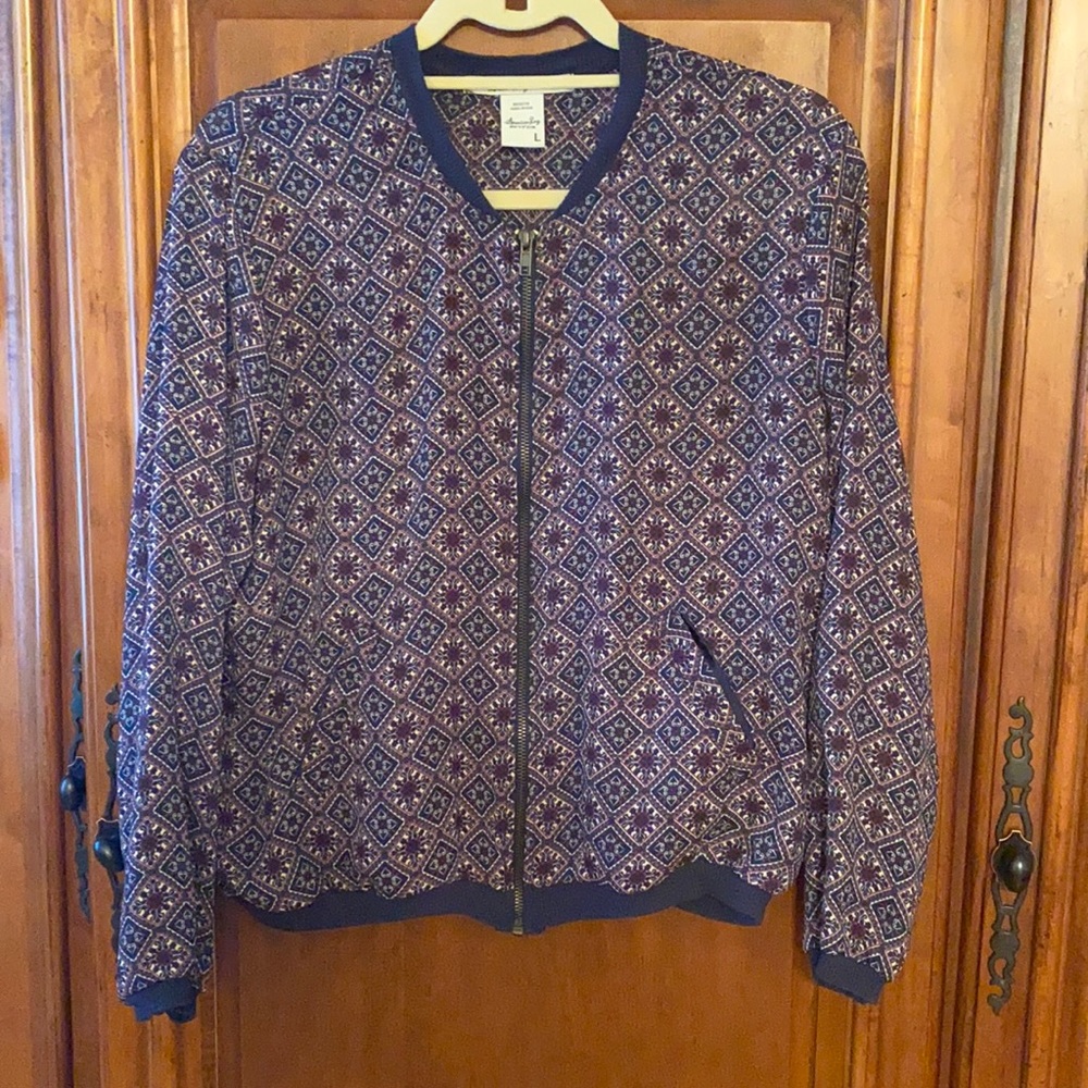 purple and navy zip up blouse